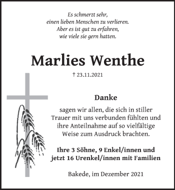 Traueranzeige von Marlies Wenthe von Neue Deister-Zeitung