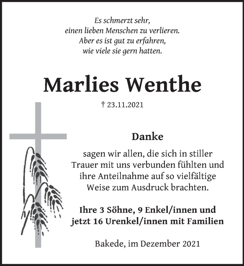 Traueranzeige für Marlies Wenthe vom 23.12.2021 aus Neue Deister-Zeitung