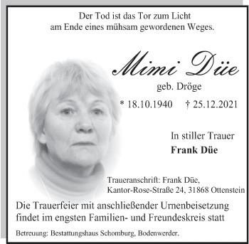 Traueranzeige von Mimi Düe von Deister- und Weserzeitung