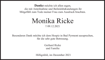 Traueranzeige von Monika Ricke von Deister- und Weserzeitung