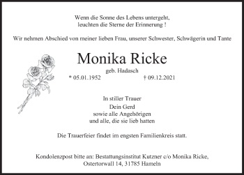 Traueranzeige von Monika Ricke von Deister- und Weserzeitung