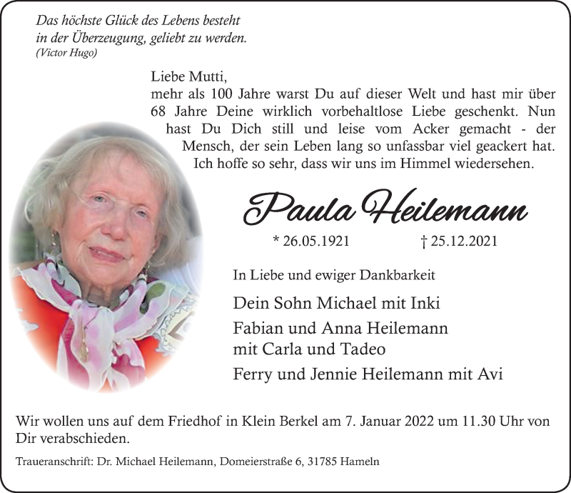  Traueranzeige für Paula Heilemann vom 31.12.2021 aus Deister- und Weserzeitung