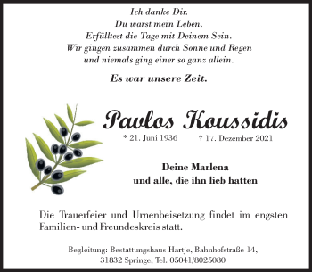 Traueranzeige von Pavlos Koussidis von Neue Deister-Zeitung