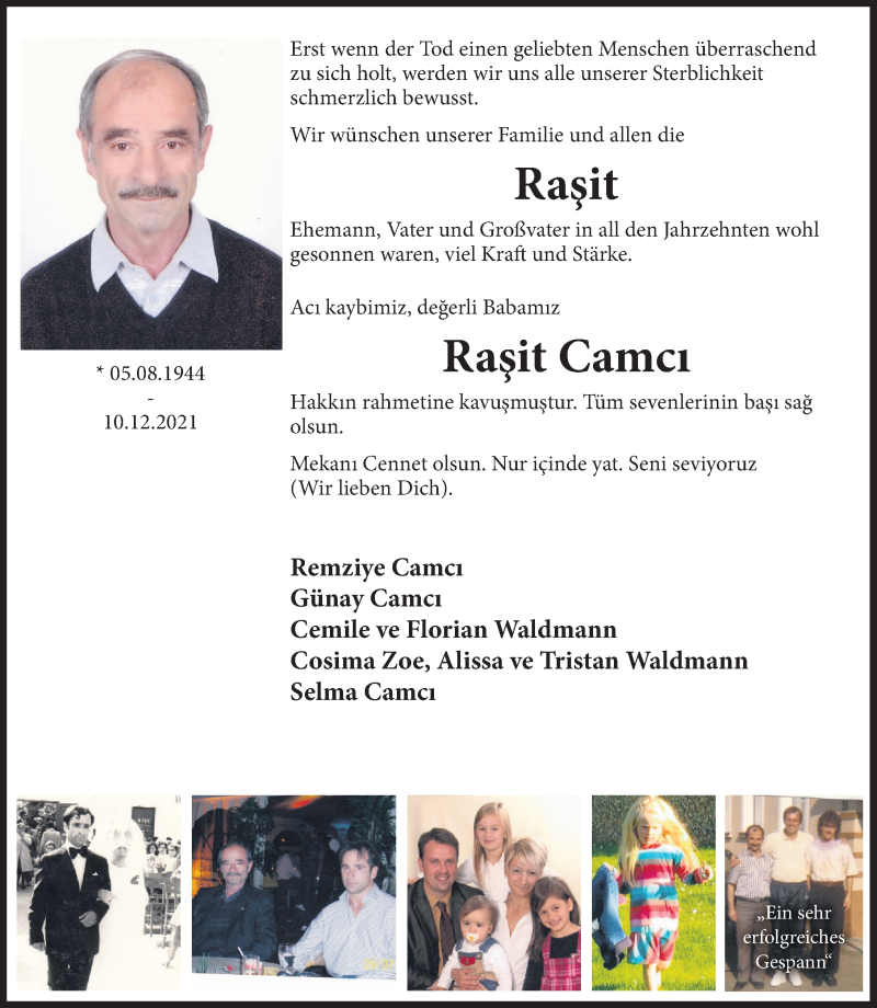  Traueranzeige für Raeit Camci vom 18.12.2021 aus Deister- und Weserzeitung