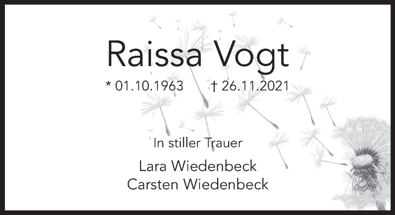  Traueranzeige für Raissa Vogt vom 18.12.2021 aus Deister- und Weserzeitung
