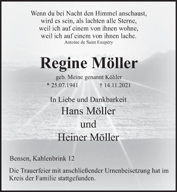 Traueranzeige von Regine Möller von Deister- und Weserzeitung