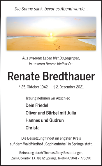 Traueranzeige von Renate Bredthauer von Neue Deister-Zeitung