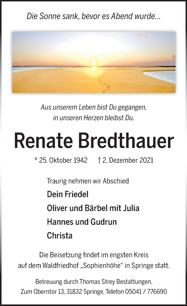  Traueranzeige für Renate Bredthauer vom 04.12.2021 aus Neue Deister-Zeitung