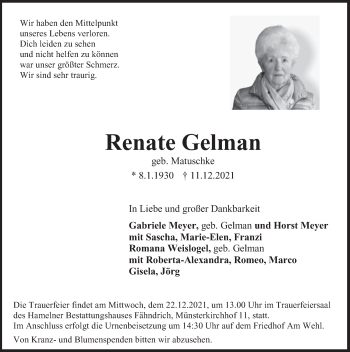 Traueranzeige von Renate Gelman von Deister- und Weserzeitung