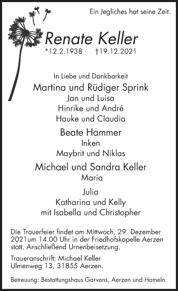 Traueranzeige von Renate Keller von Deister- und Weserzeitung