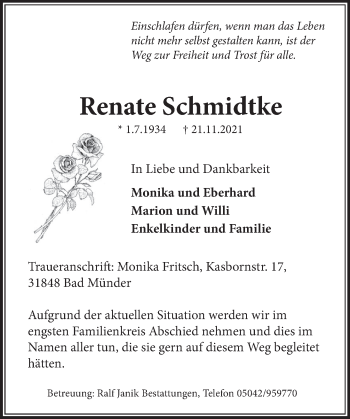 Traueranzeige von Renate Schmidtke von Neue Deister-Zeitung
