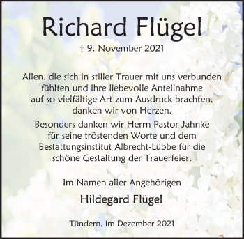 Traueranzeige von Richard Flügel von Deister- und Weserzeitung