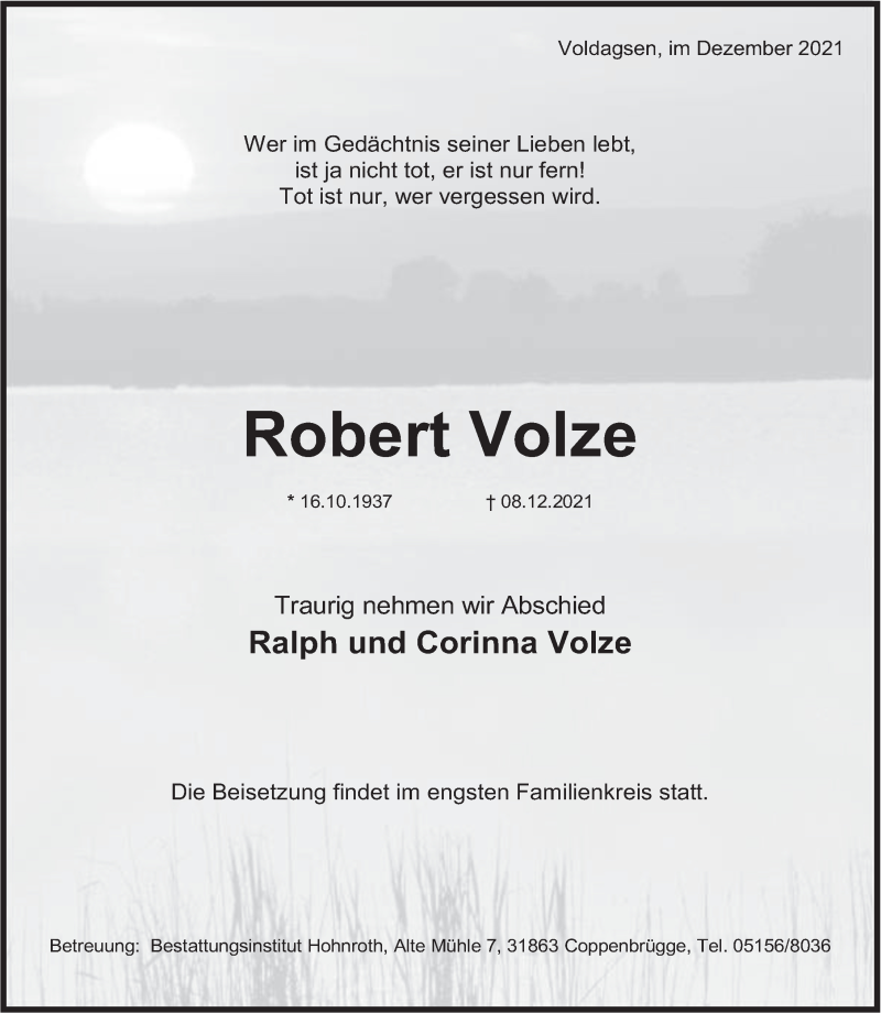  Traueranzeige für Robert Volze vom 18.12.2021 aus Deister- und Weserzeitung