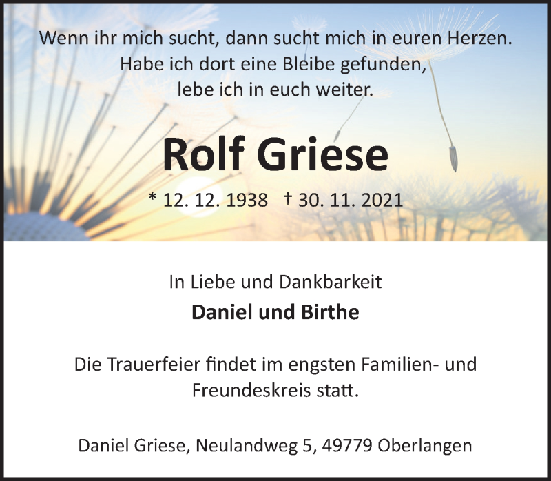  Traueranzeige für Rolf Griese vom 15.12.2021 aus Deister- und Weserzeitung