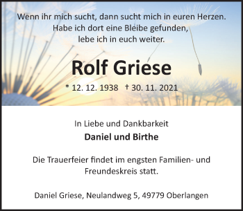 Traueranzeige von Rolf Griese von Deister- und Weserzeitung