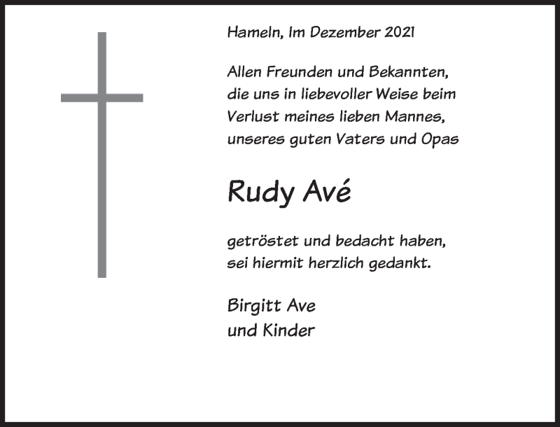  Traueranzeige für Rudy  Avé vom 18.12.2021 aus Deister- und Weserzeitung