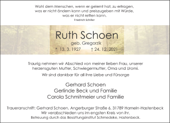 Traueranzeige von Ruth Schoen von Deister- und Weserzeitung