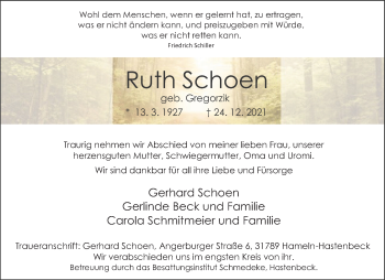 Traueranzeige von Ruth Schoen von Deister- und Weserzeitung