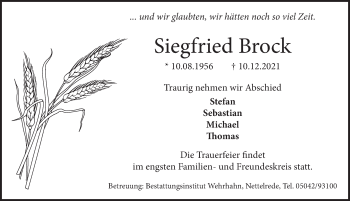 Traueranzeige von Siegfried Brock von Neue Deister-Zeitung