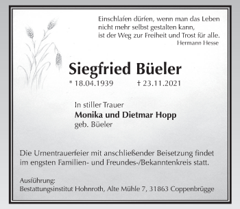 Traueranzeige von Siegfried Büeler von Deister- und Weserzeitung