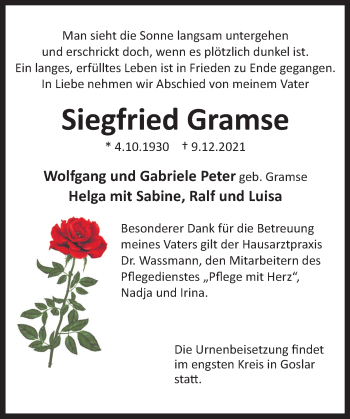 Traueranzeige von Siegfried Gramse von Deister- und Weserzeitung