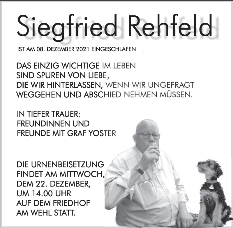  Traueranzeige für Siegfried Rehfeld vom 18.12.2021 aus Deister- und Weserzeitung