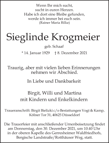 Traueranzeige von Sieglinde Krogmeier von Deister- und Weserzeitung