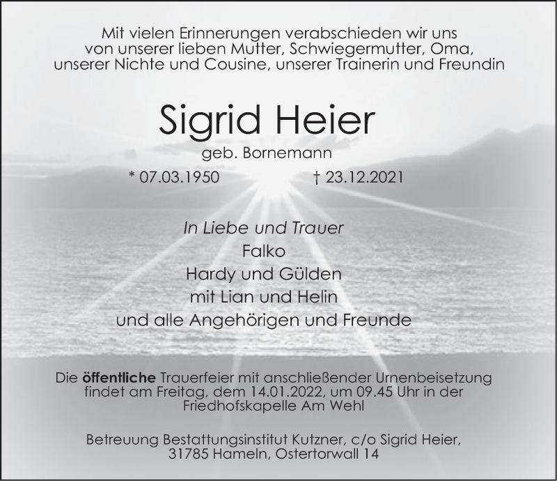  Traueranzeige für Sigrid Heier vom 31.12.2021 aus Deister- und Weserzeitung