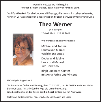Traueranzeige von Thea Werner von Deister- und Weserzeitung