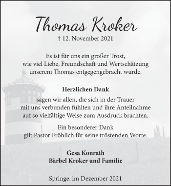 Traueranzeige von Thomas Kroker von Neue Deister-Zeitung