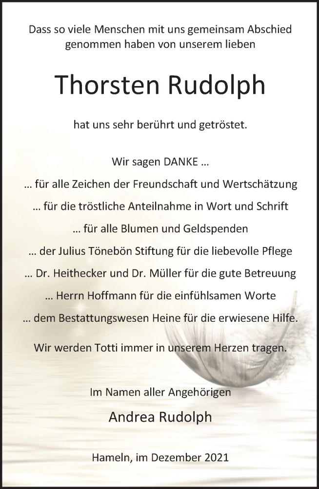  Traueranzeige für Thorsten Rudolph vom 11.12.2021 aus Deister- und Weserzeitung