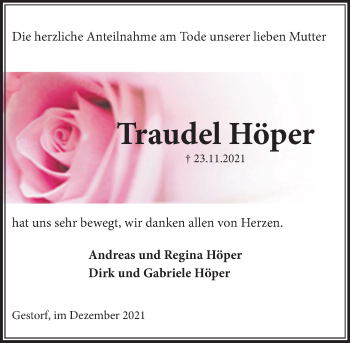 Traueranzeige von Traudel Höper von Neue Deister-Zeitung