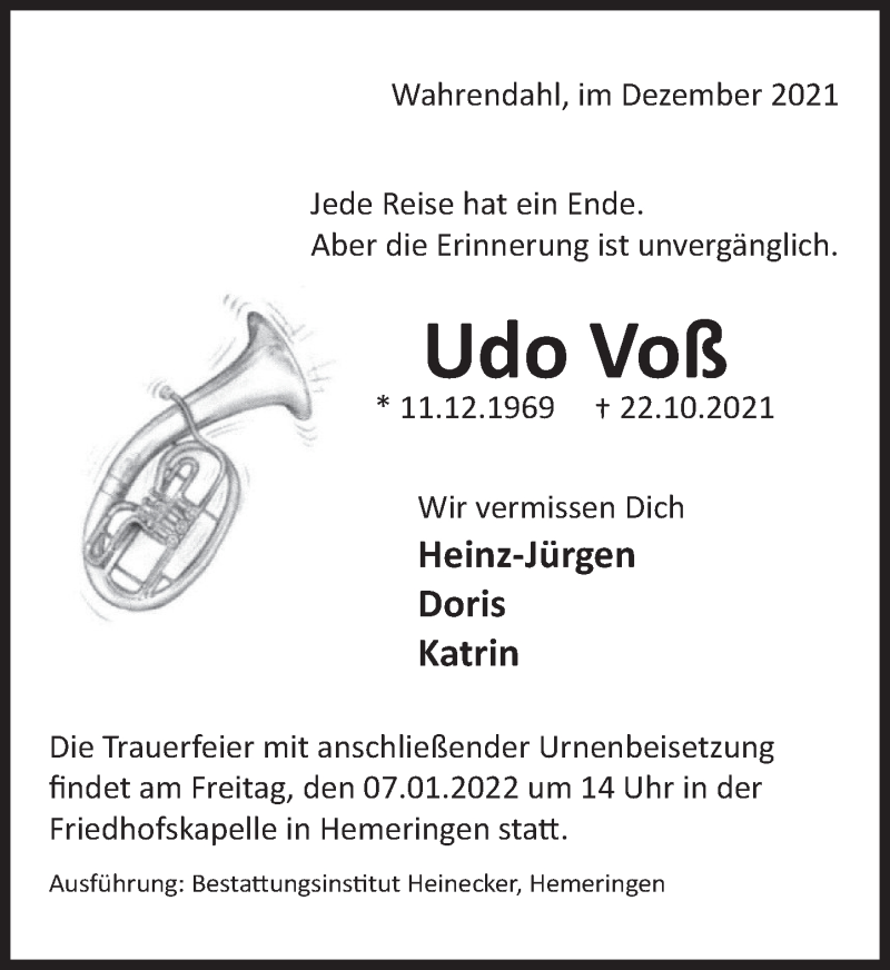  Traueranzeige für Udo Voß vom 31.12.2021 aus Deister- und Weserzeitung