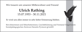 Traueranzeige von Ulrich Rathing von Deister- und Weserzeitung