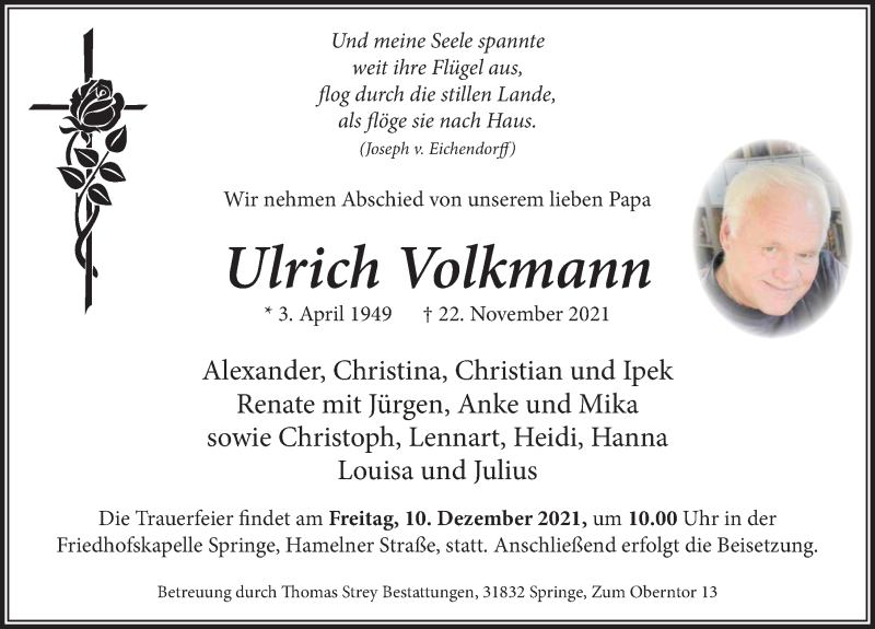  Traueranzeige für Ulrich Volkmann vom 04.12.2021 aus Neue Deister-Zeitung