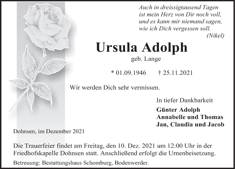  Traueranzeige für Ursula Adolph vom 04.12.2021 aus Deister- und Weserzeitung