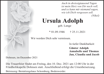 Traueranzeige von Ursula Adolph von Deister- und Weserzeitung