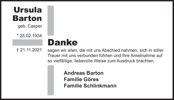 Traueranzeige von Ursula Barton von Deister- und Weserzeitung