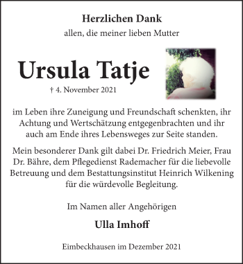 Traueranzeige von Ursula Tatje von Neue Deister-Zeitung