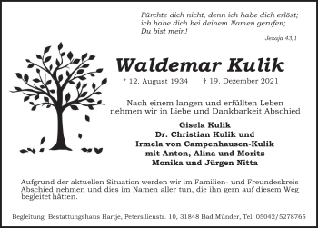 Traueranzeige von Waldemar Kulik von Neue Deister-Zeitung