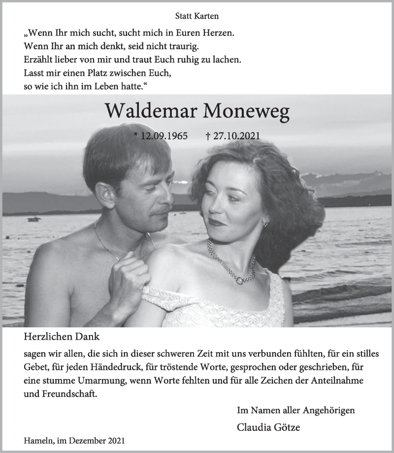 Traueranzeige für Waldemar Moneweg vom 04.12.2021 aus Deister- und Weserzeitung