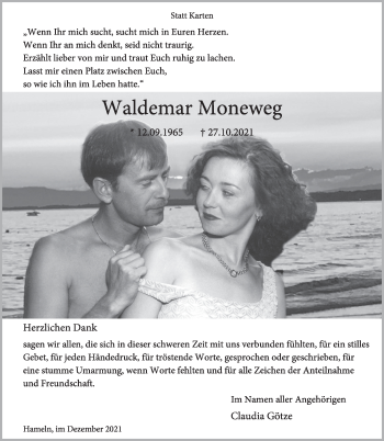 Traueranzeige von Waldemar Moneweg von Deister- und Weserzeitung