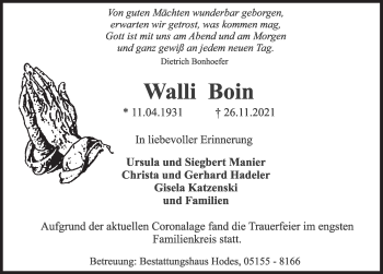 Traueranzeige von Walli Boin von Deister- und Weserzeitung