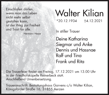 Traueranzeige von Walter Kilian von Deister- und Weserzeitung