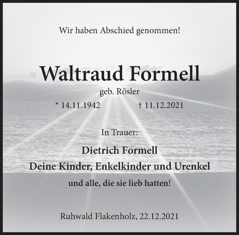  Traueranzeige für Waltraud Formell vom 31.12.2021 aus Deister- und Weserzeitung