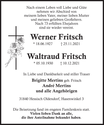 Traueranzeige von Waltraud Fritsch von Deister- und Weserzeitung