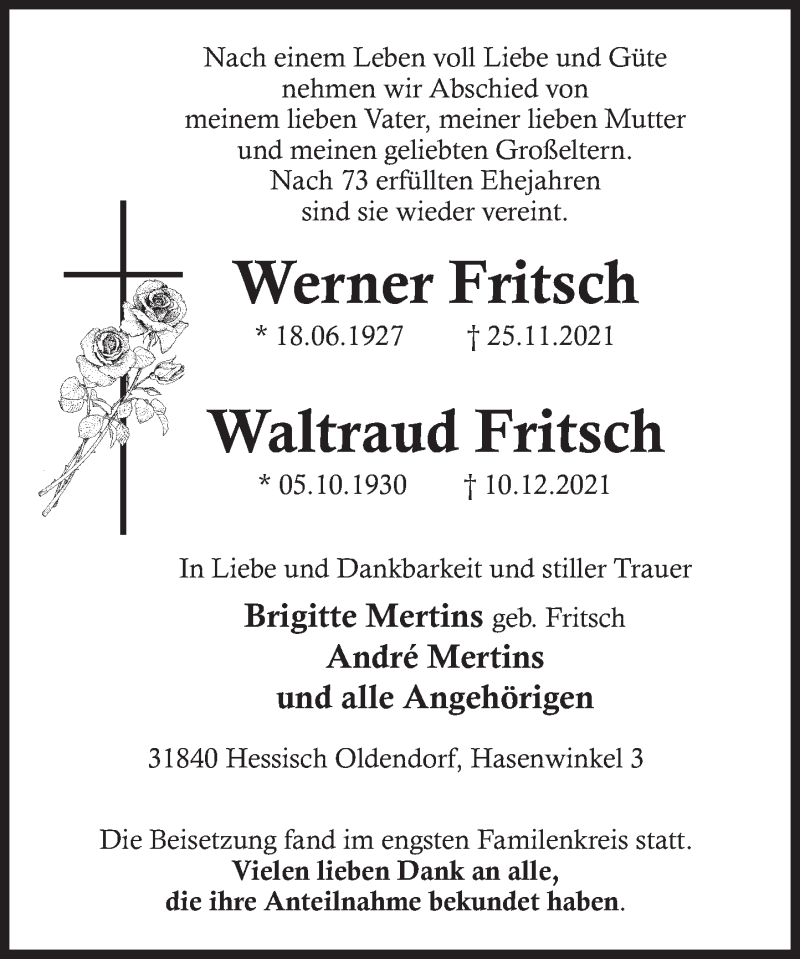  Traueranzeige für Werner Fritsch vom 31.12.2021 aus Deister- und Weserzeitung