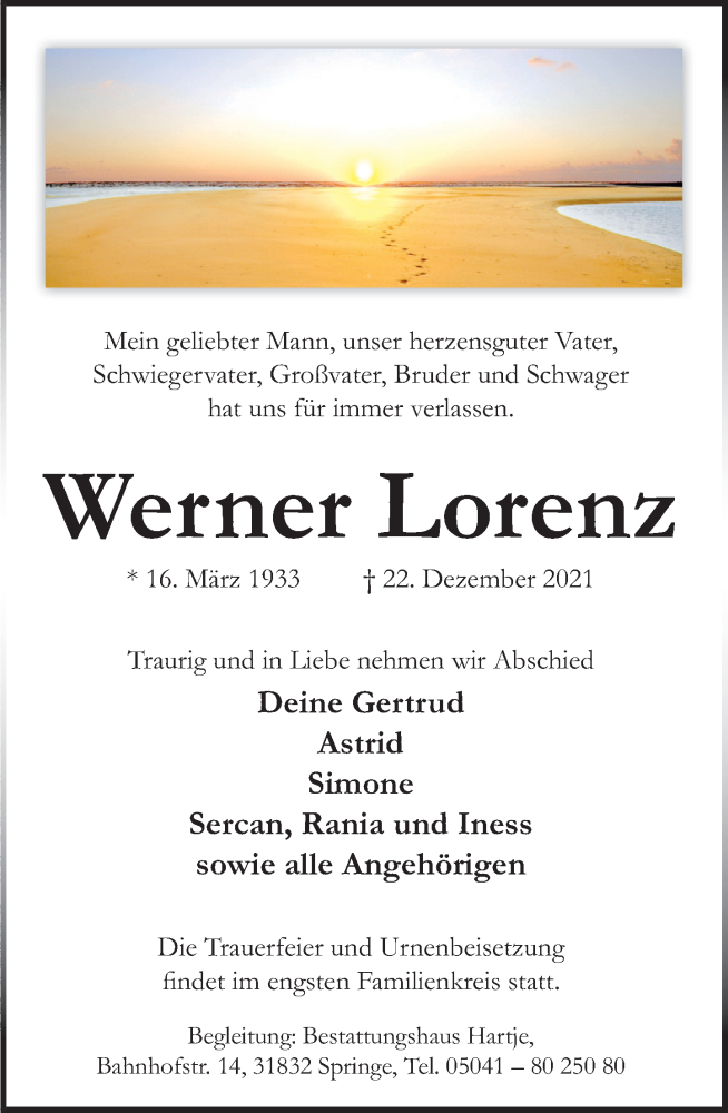  Traueranzeige für Werner Lorenz vom 29.12.2021 aus Neue Deister-Zeitung