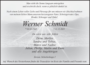 Traueranzeige von Werner Schmidt von Deister- und Weserzeitung