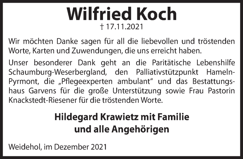  Traueranzeige für Wilfried Koch vom 24.12.2021 aus Deister- und Weserzeitung